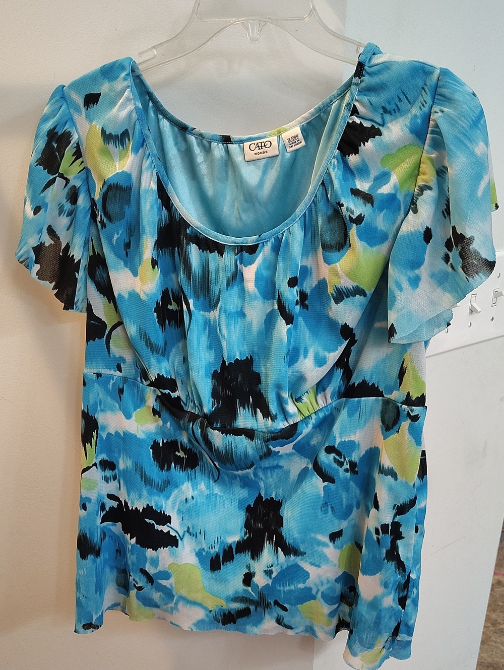 Cato Blue, Black and Lime Watercolor Scoop Neck Blouse